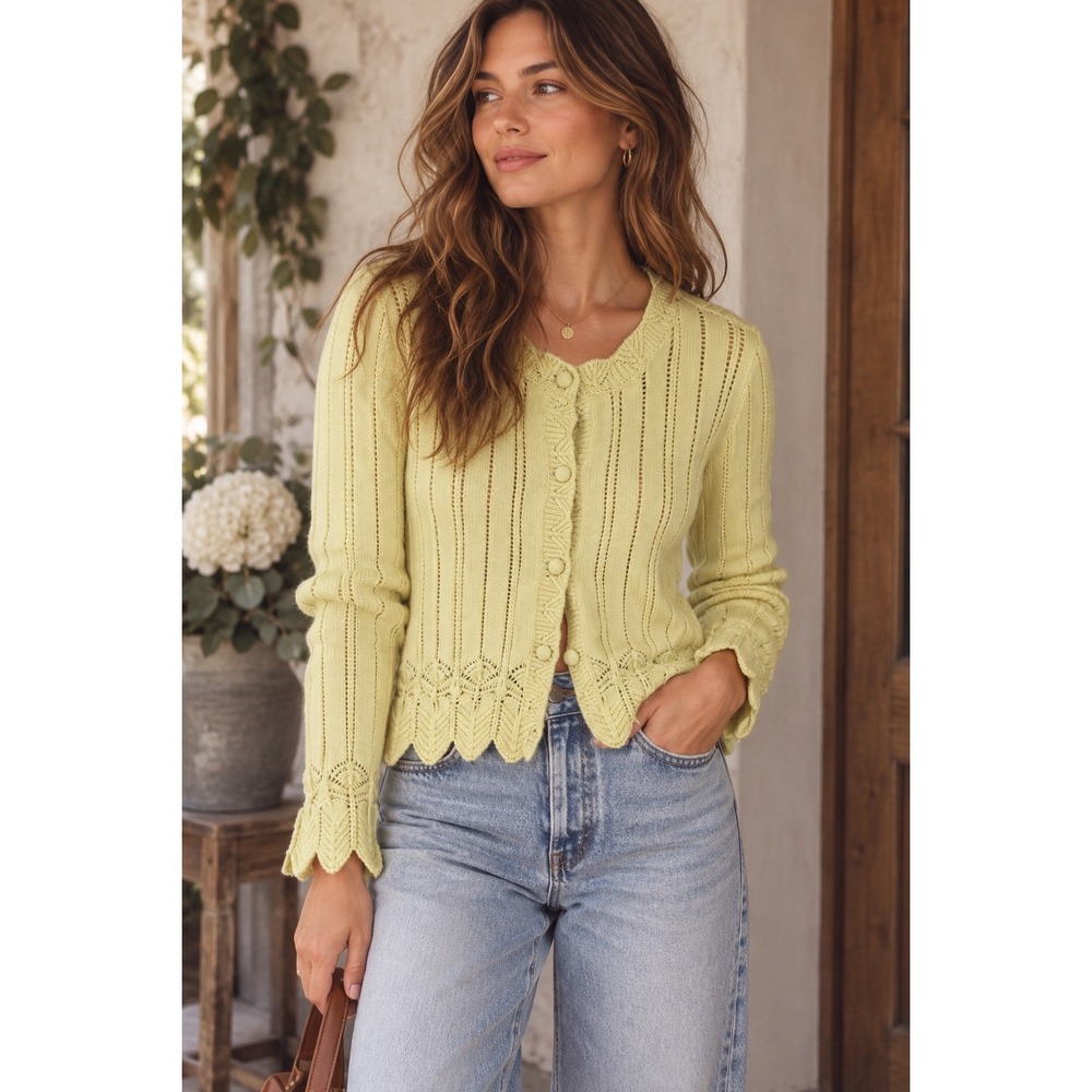 Joie Yellow Pointelle Knit Cardigan Sweater M Scalloped Hem Cottagecore Romantic